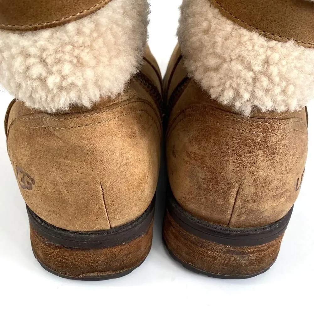 UGG Blayre II Boots Women's Tan Suede Cream Shearling Buckle Sz 9.5 Boho Western